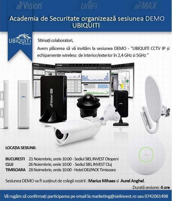 ACADEMIA DE SECURITATE va invita la sesiunea DEMO – UBIQUITI CCTV IP si Echipamente wireless