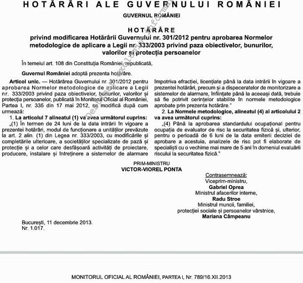 Analiza de risc: HG nr 1017/2013, în Monitorul Oficial, Partea I nr. 789 din 16.12.2013. Hotărârea privind prelungirea termenului prevăzut în HG nr 301/2012.